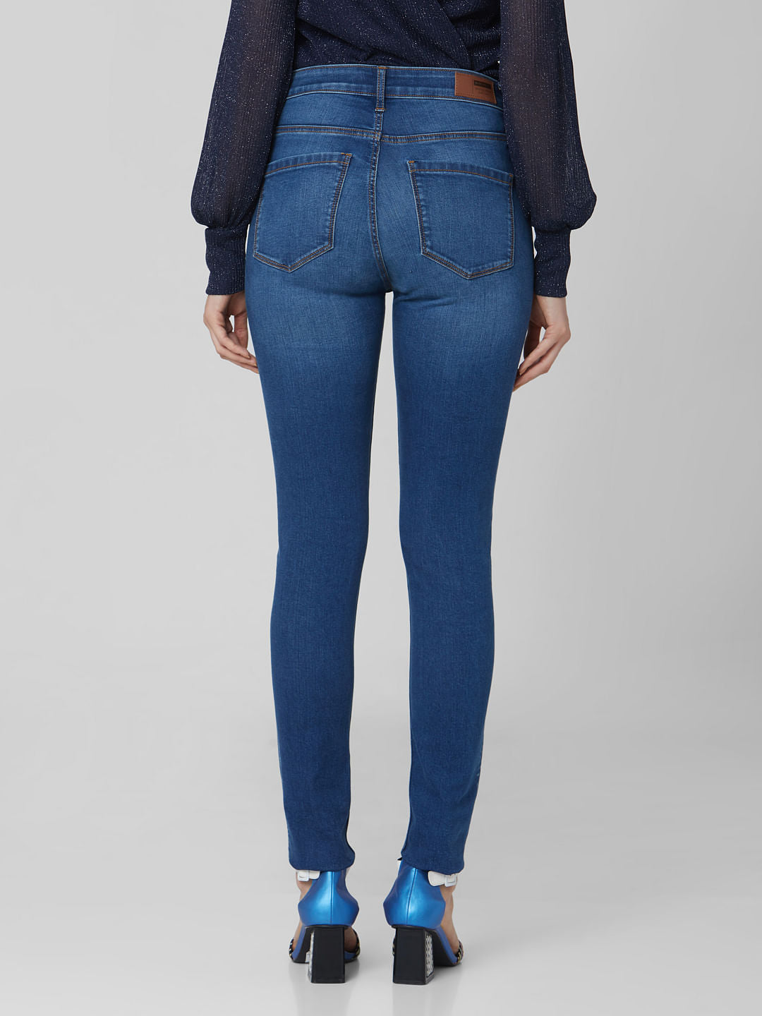 Dark Blue Mid Rise Laser Tape Skinny Jeans