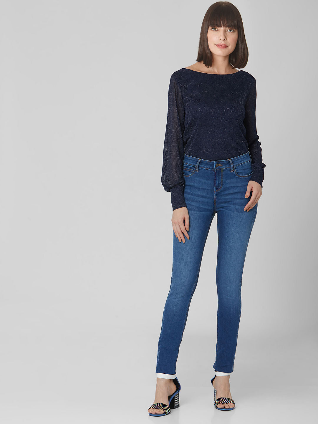 Dark Blue Mid Rise Laser Tape Skinny Jeans