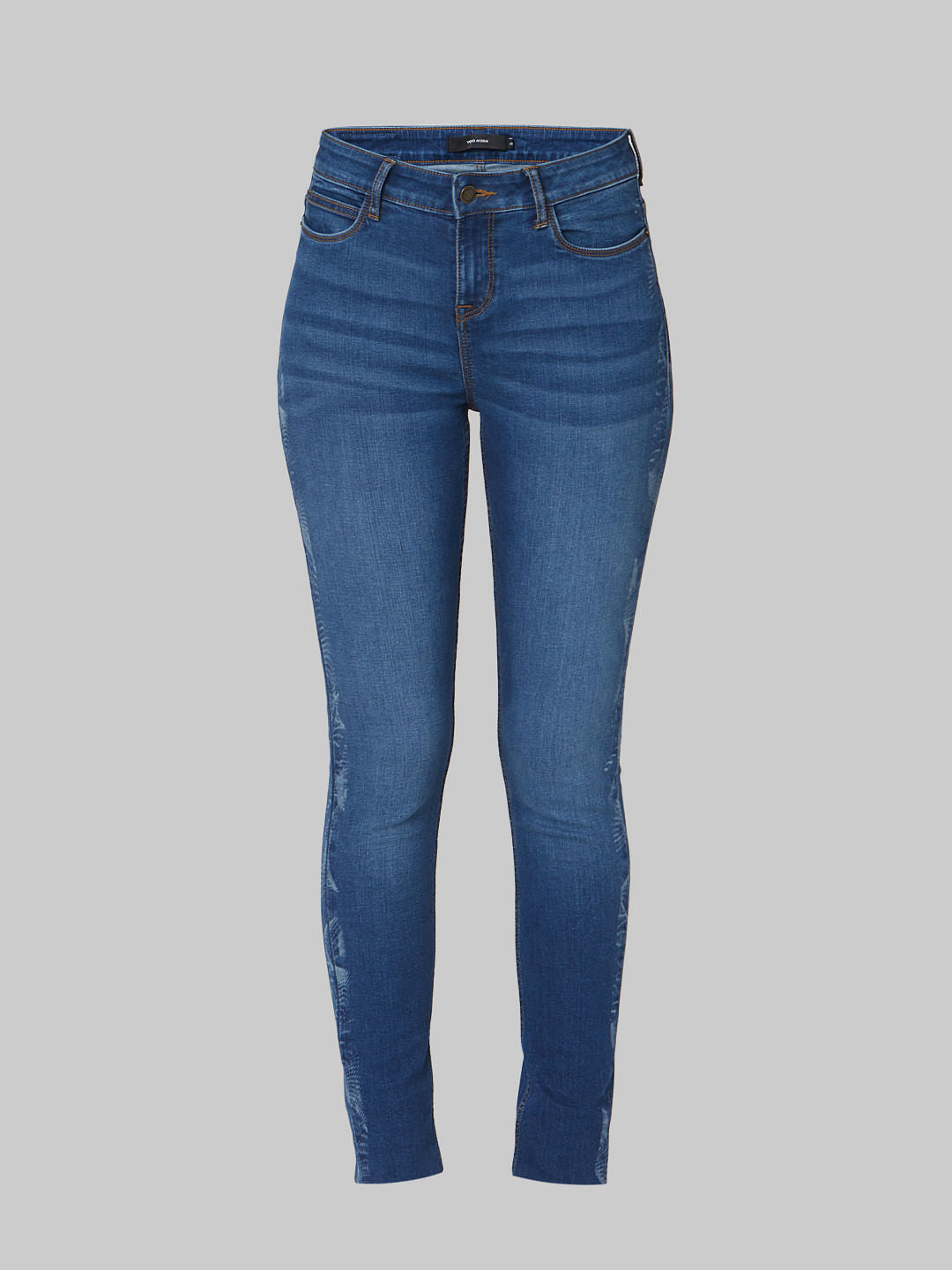 Dark Blue Mid Rise Laser Tape Skinny Jeans