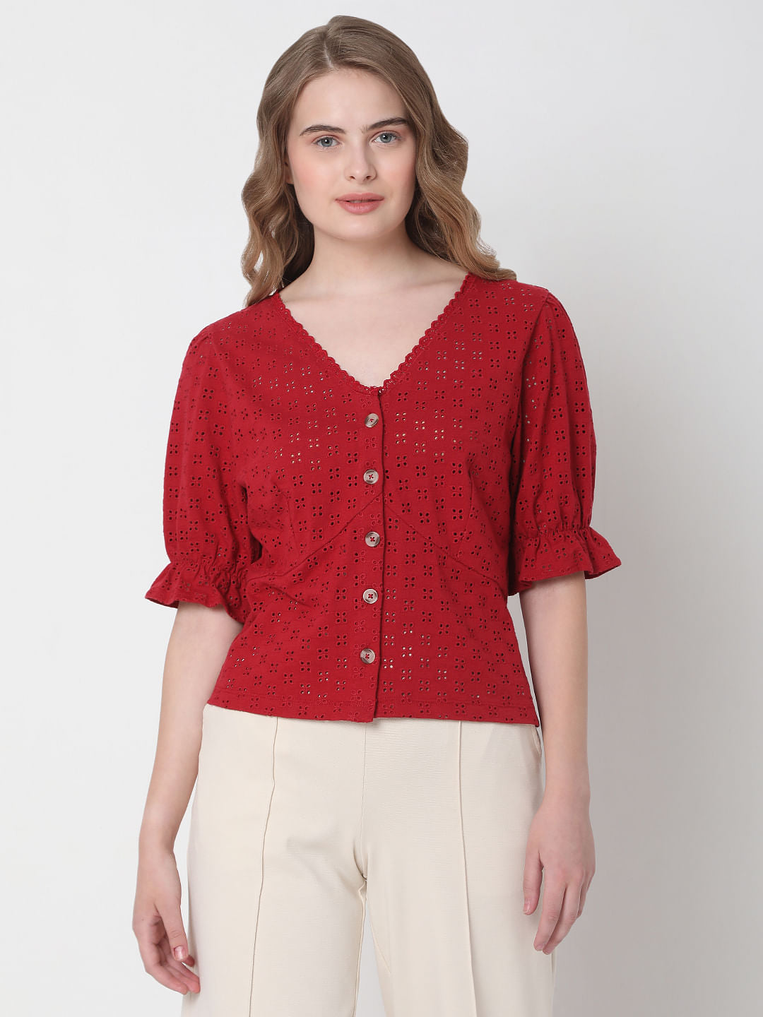 Red Schiffli Top