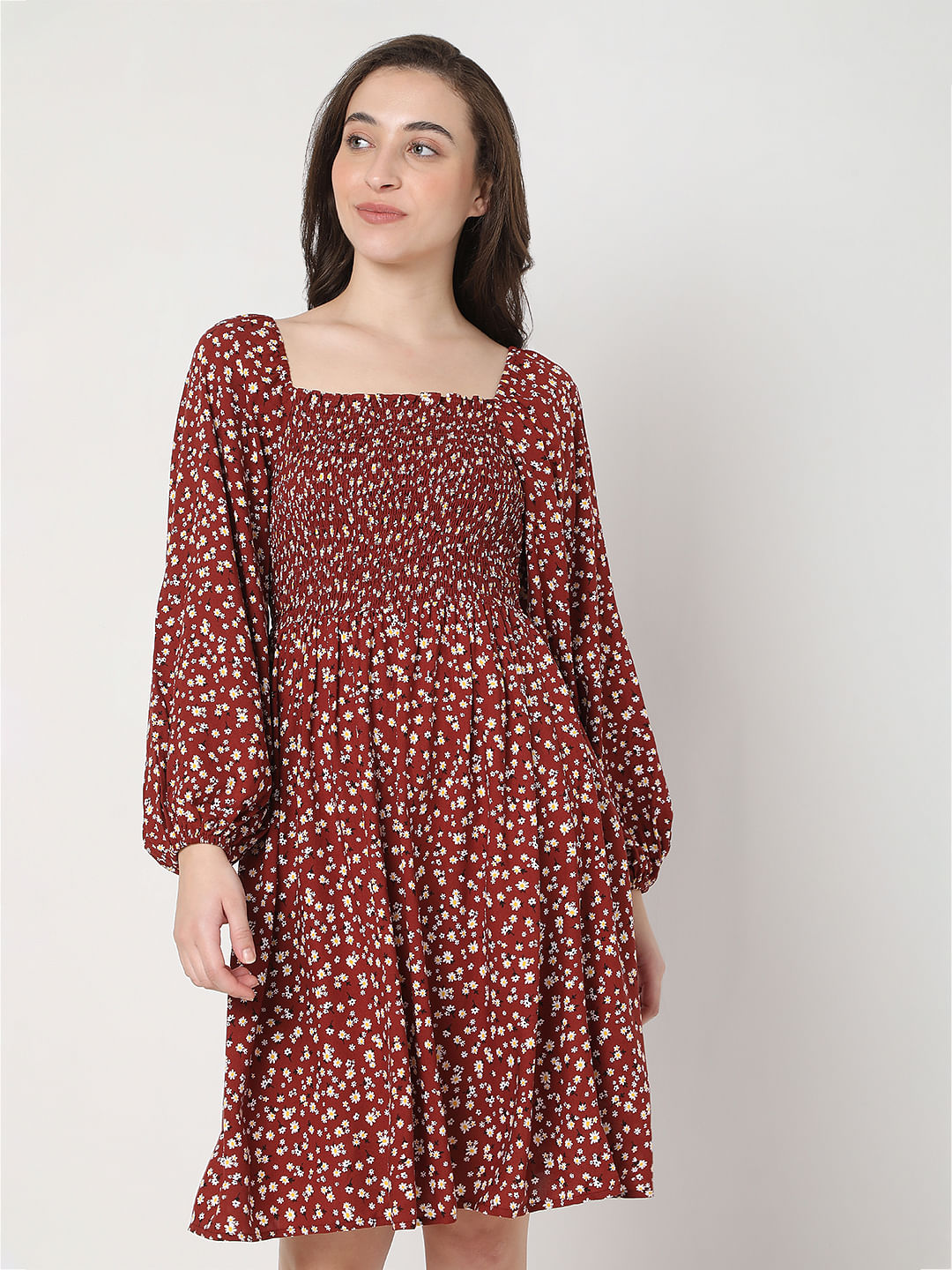 Maroon Floral Print Fit & Flare Dress