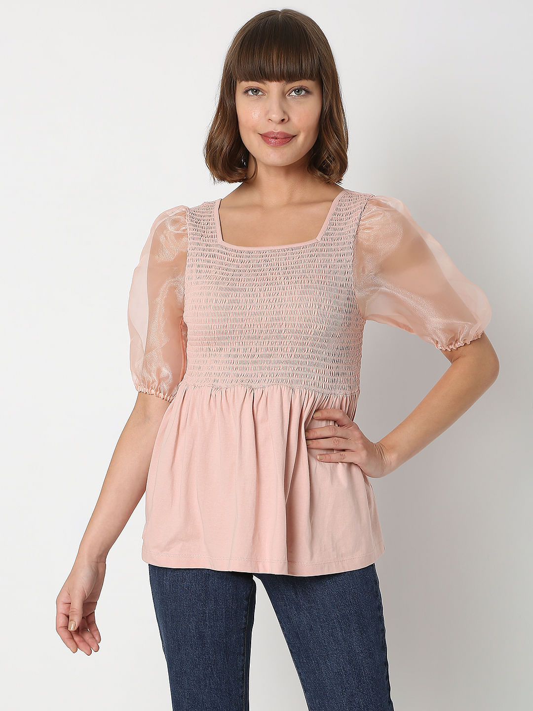 Pink Organza Sleeves Top