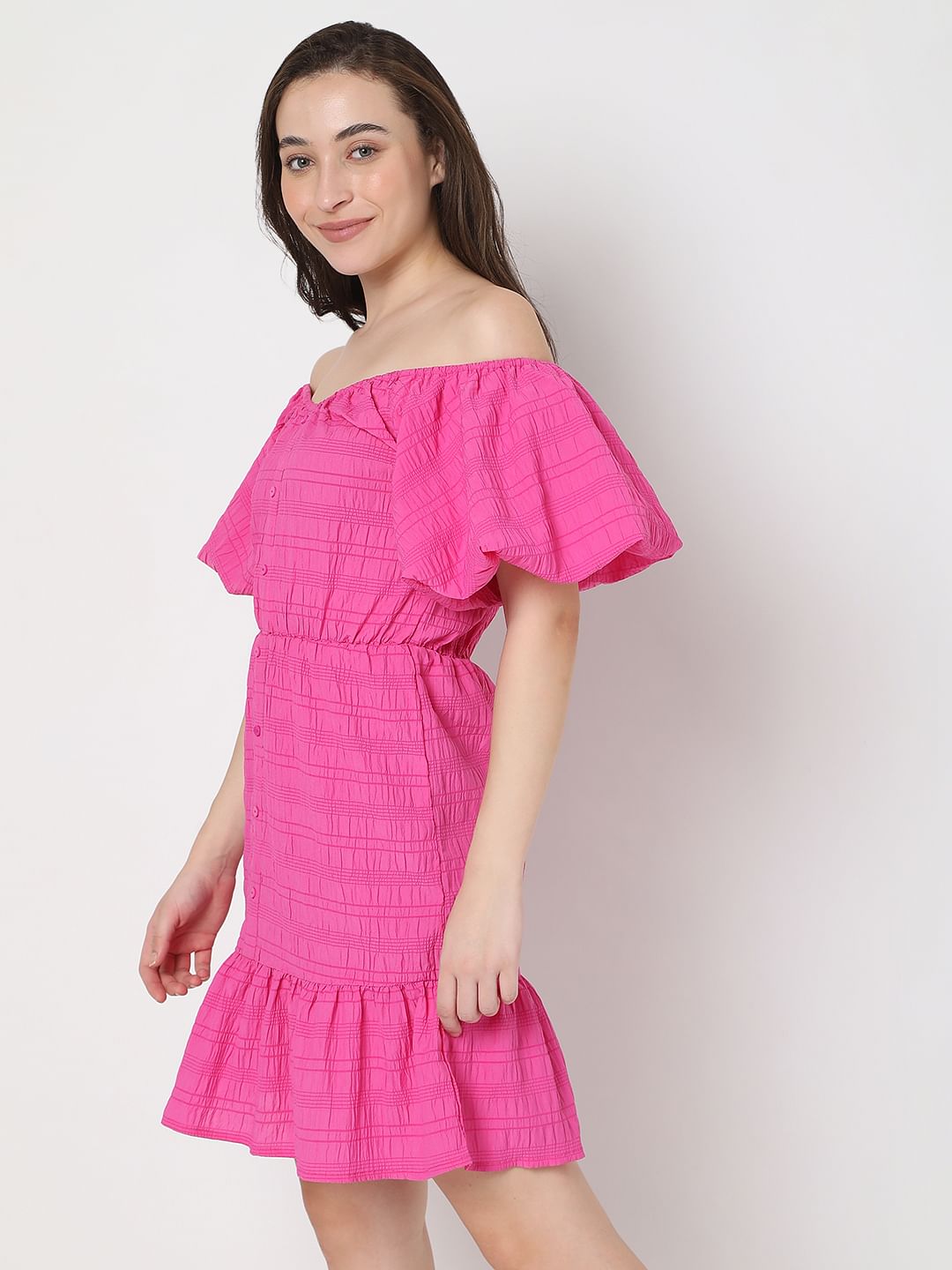 Pink Textured Off-Shoulder Dress