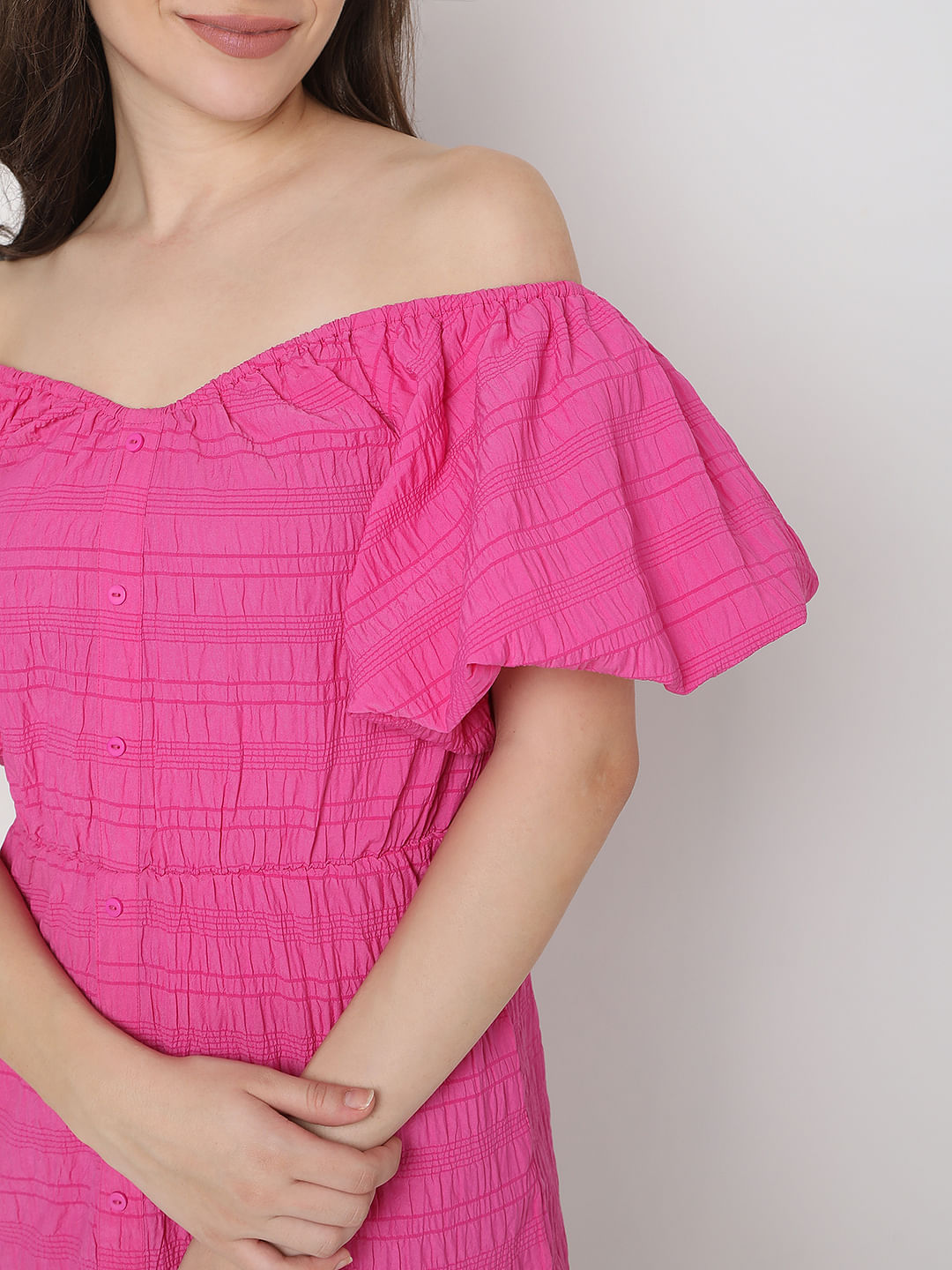 Pink Textured Off-Shoulder Dress