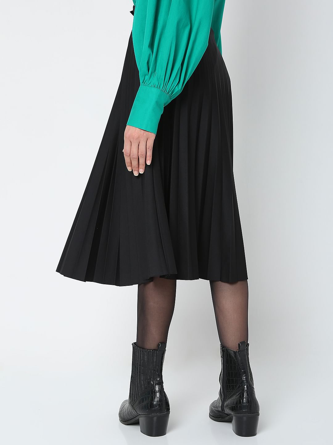Black High Rise Pleated Midi Skirt