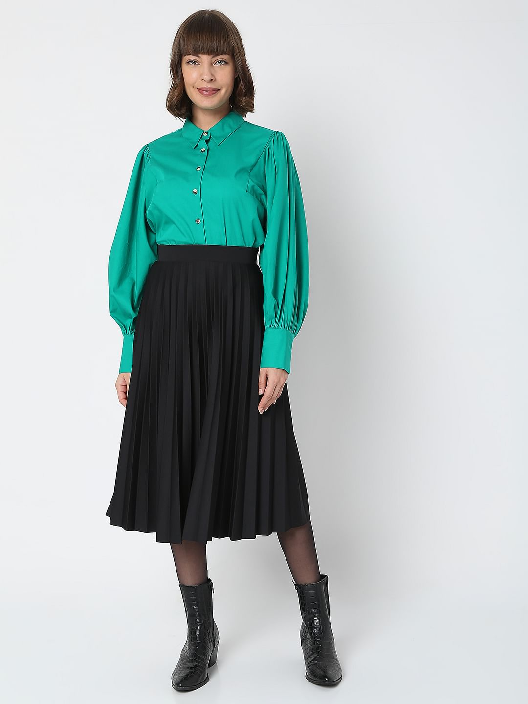 Black High Rise Pleated Midi Skirt