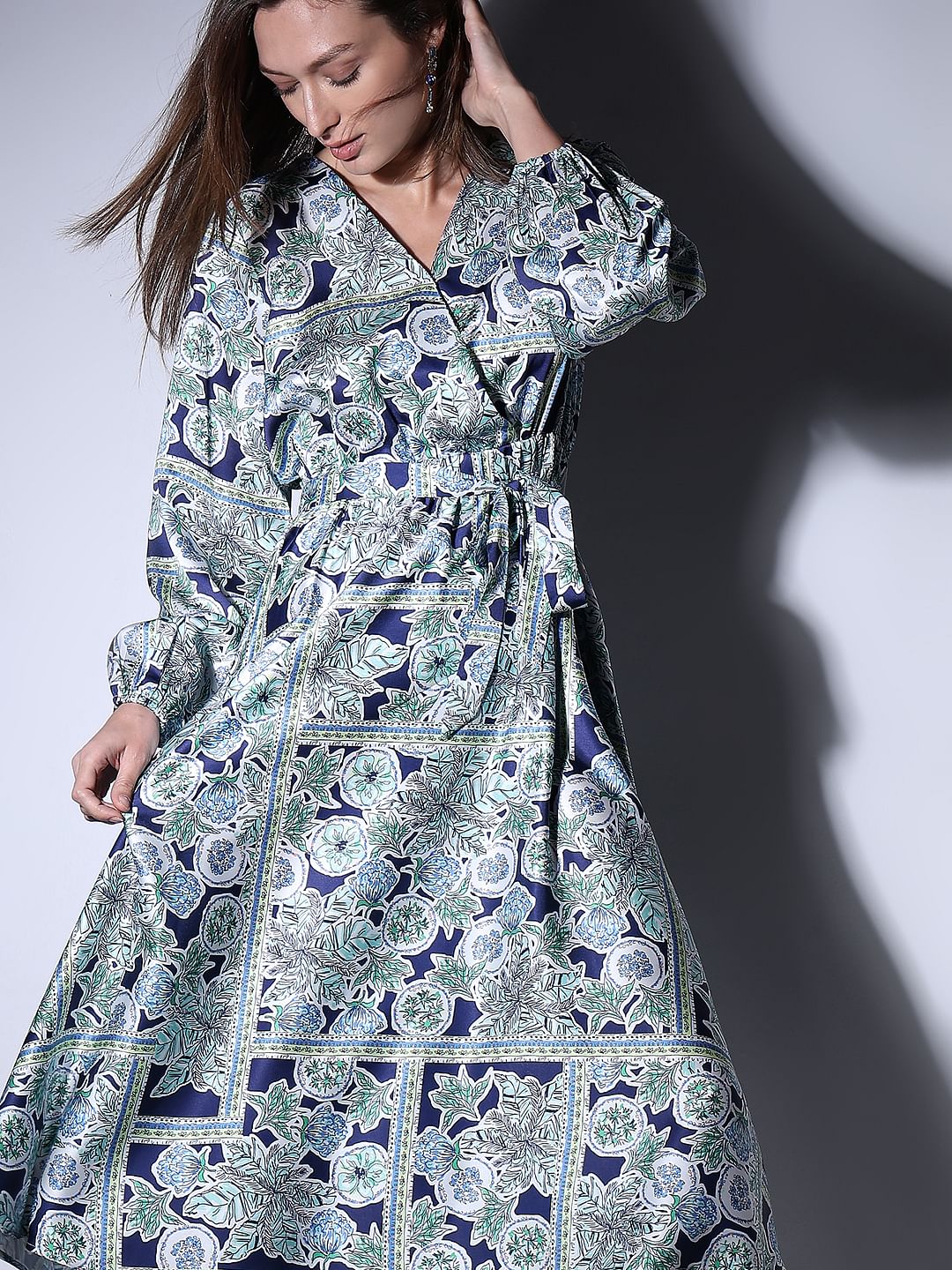 Blue Printed Satin Midi Dress