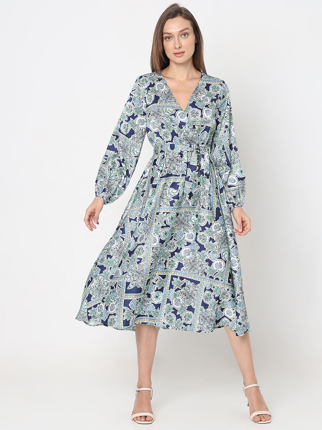 Blue Printed Satin Midi Dress