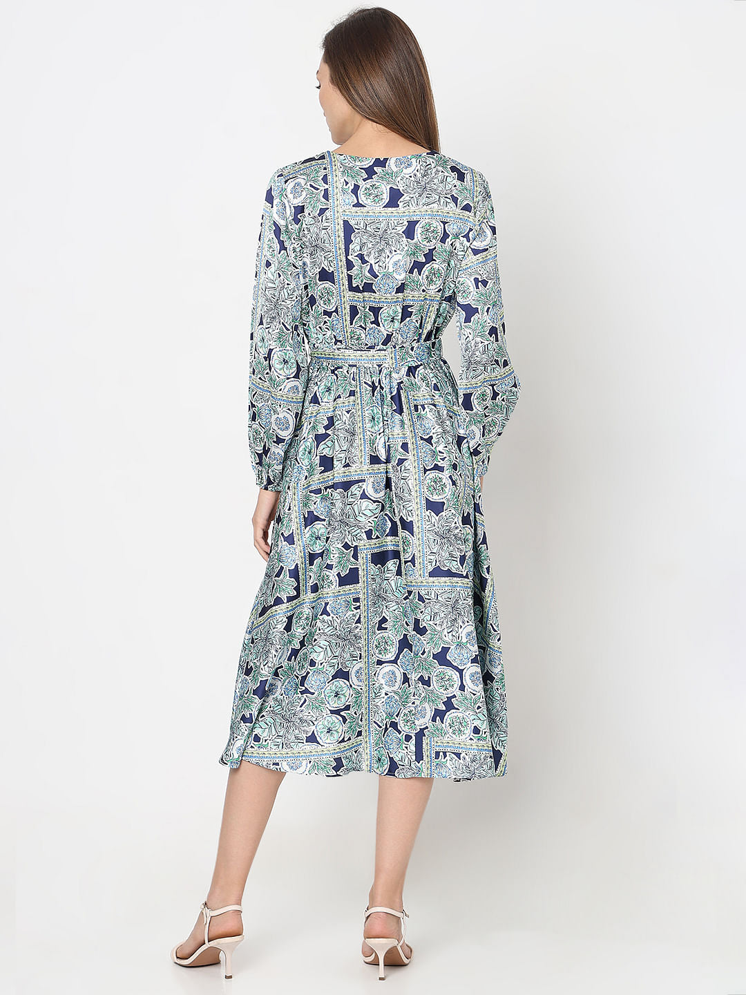 Blue Printed Satin Midi Dress