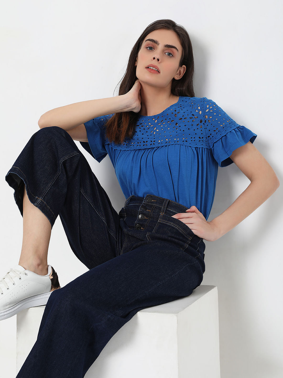Blue Schiffli Embroidered Top
