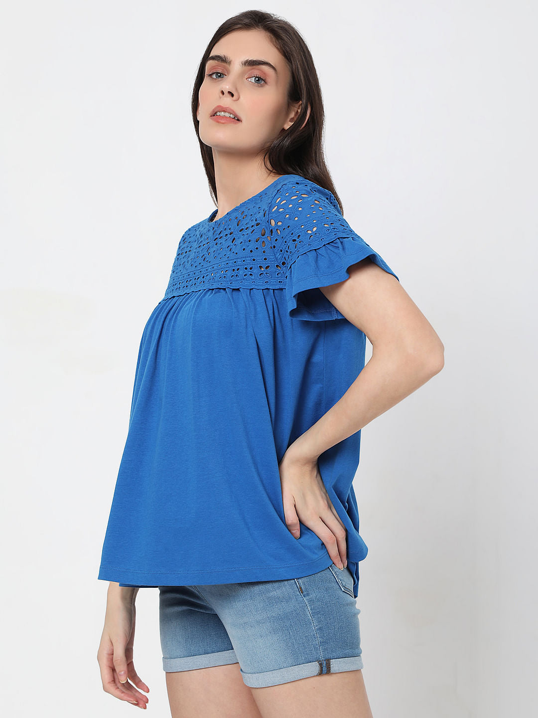 Blue Schiffli Embroidered Top