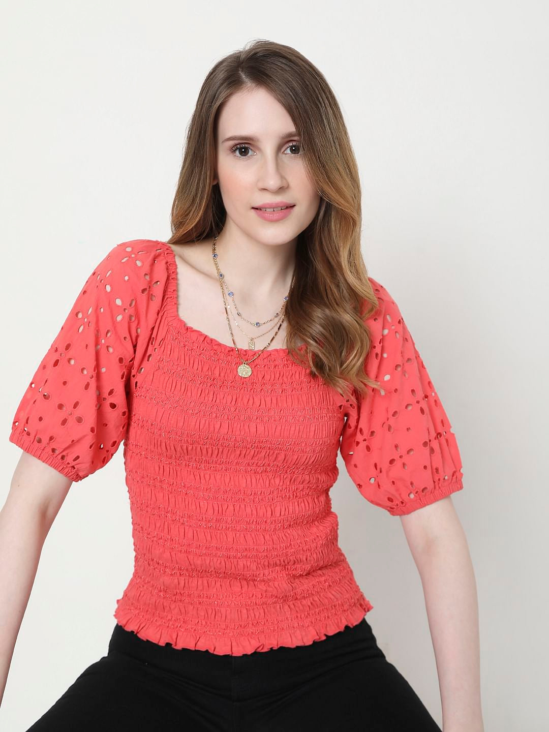 Coral Cut Work Smocked Top