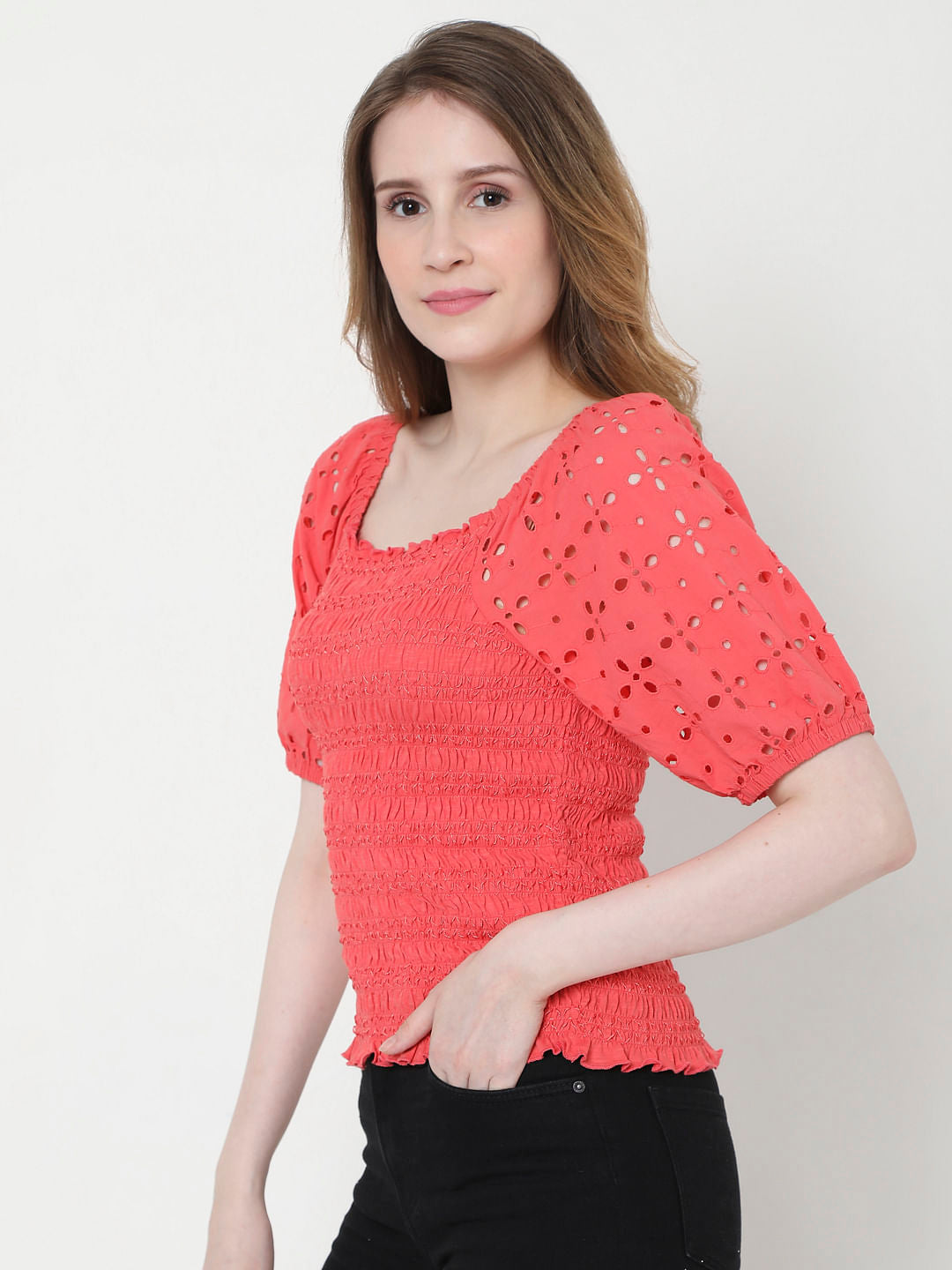 Coral Cut Work Smocked Top