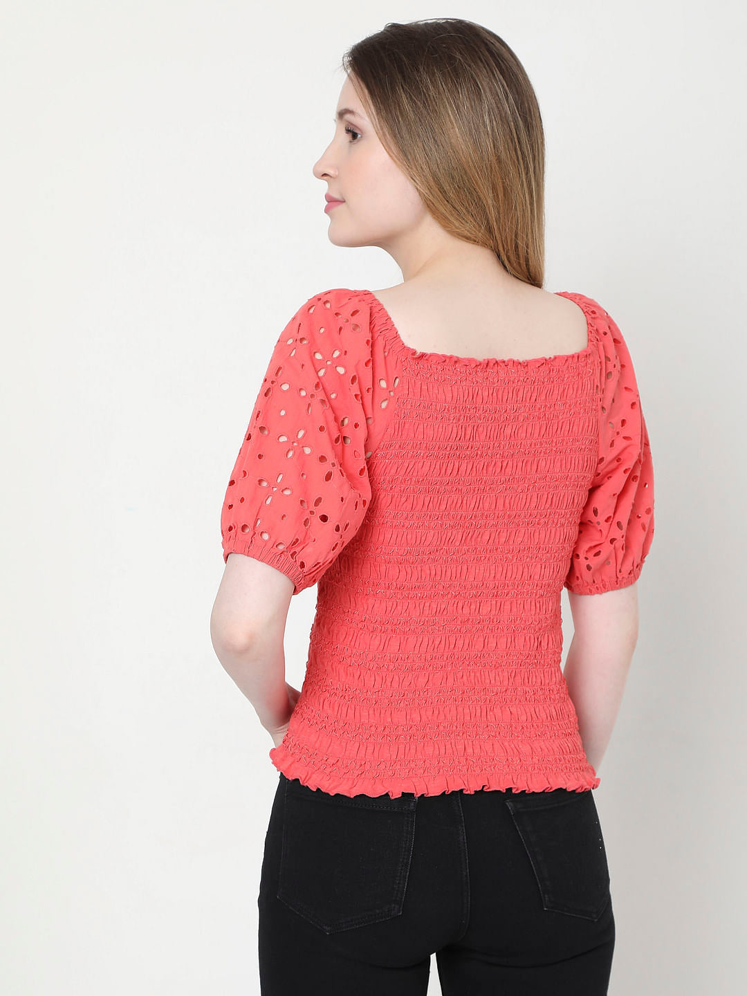 Coral Cut Work Smocked Top