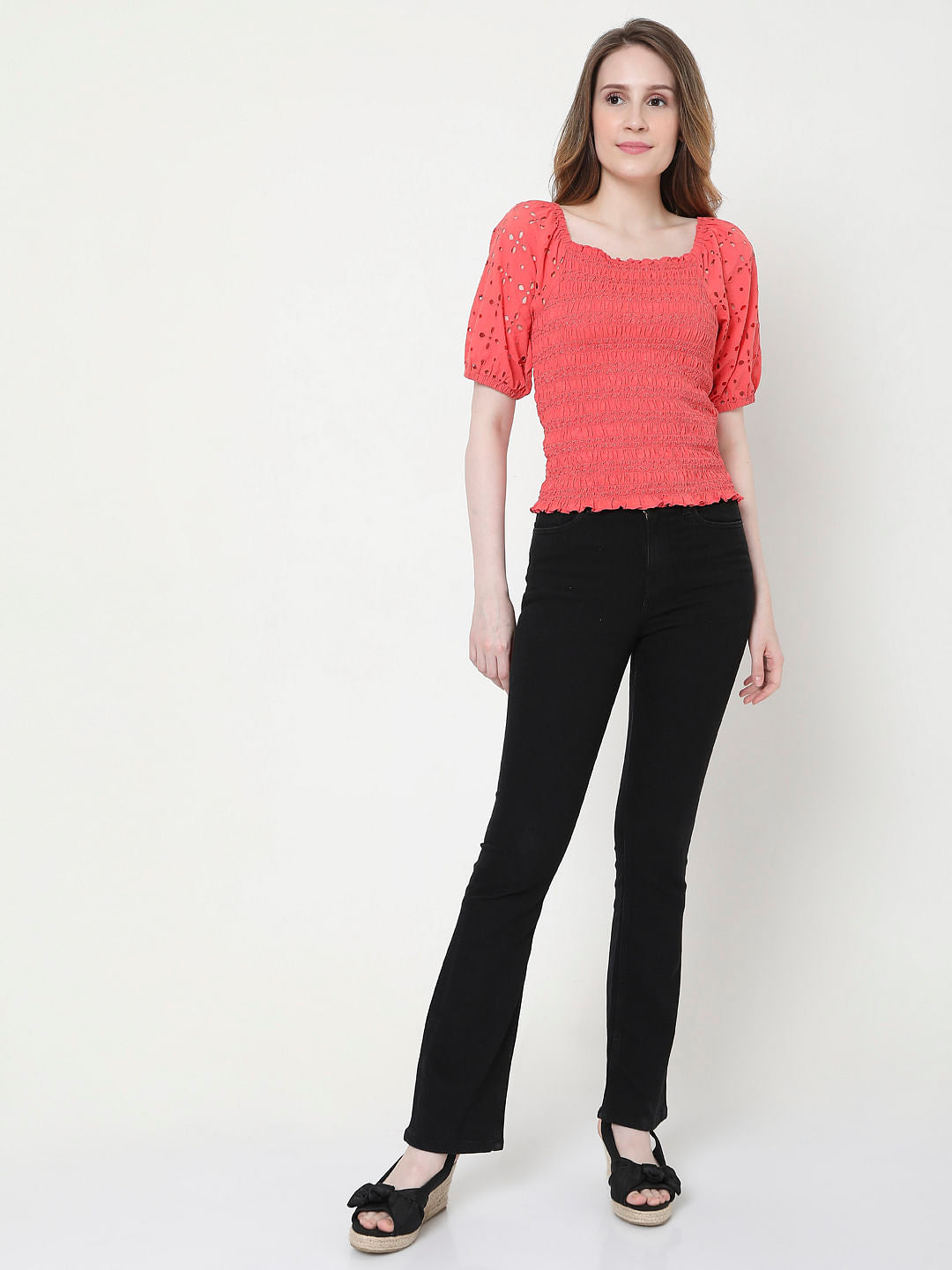 Coral Cut Work Smocked Top