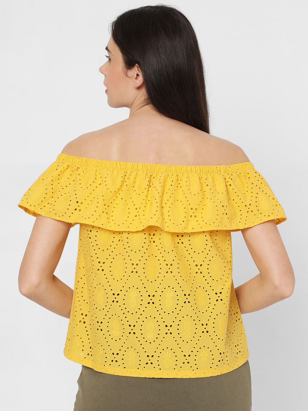 Yellow Off Shoulder Schiffli Top