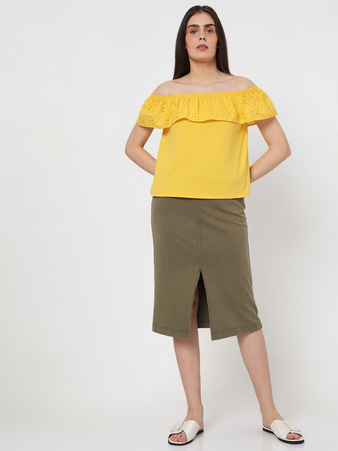 Yellow Off Shoulder Schiffli Top