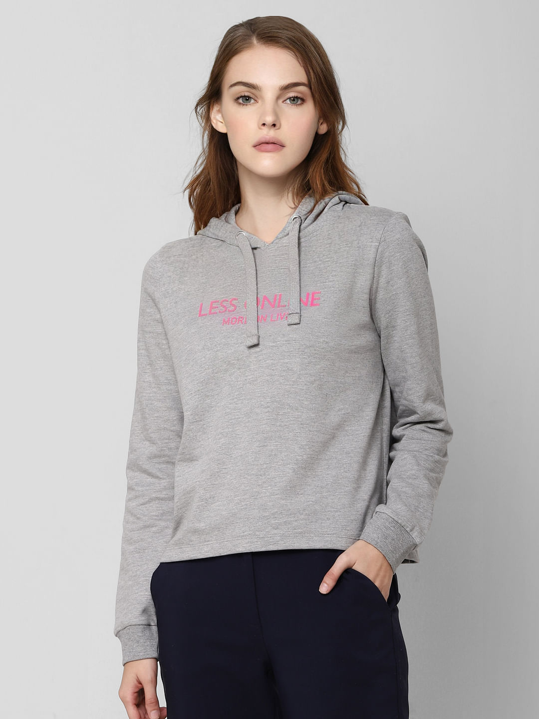 Grey Text Print Hooded Sweatshirt