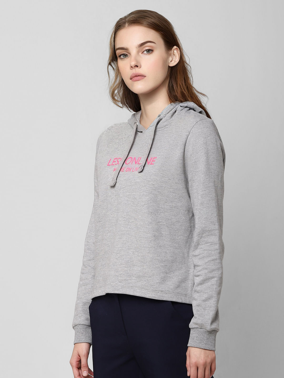 Grey Text Print Hooded Sweatshirt