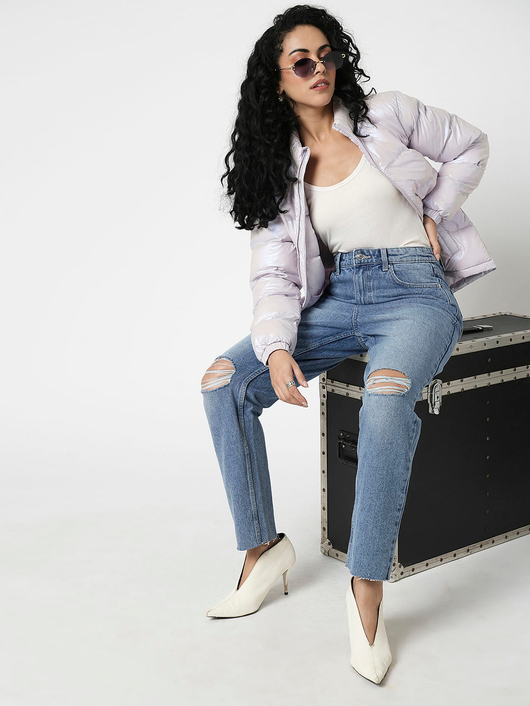 I.Scenery By Vero Moda Blue High Rise Distressed Mom Fit Jeans