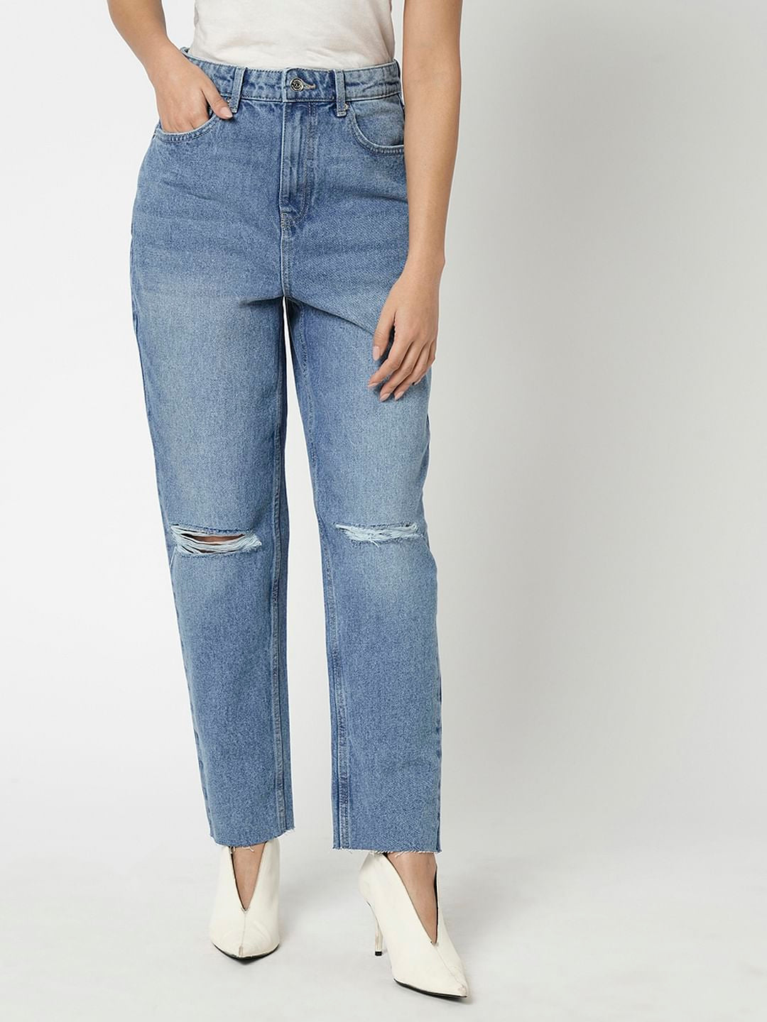 I.Scenery By Vero Moda Blue High Rise Distressed Mom Fit Jeans