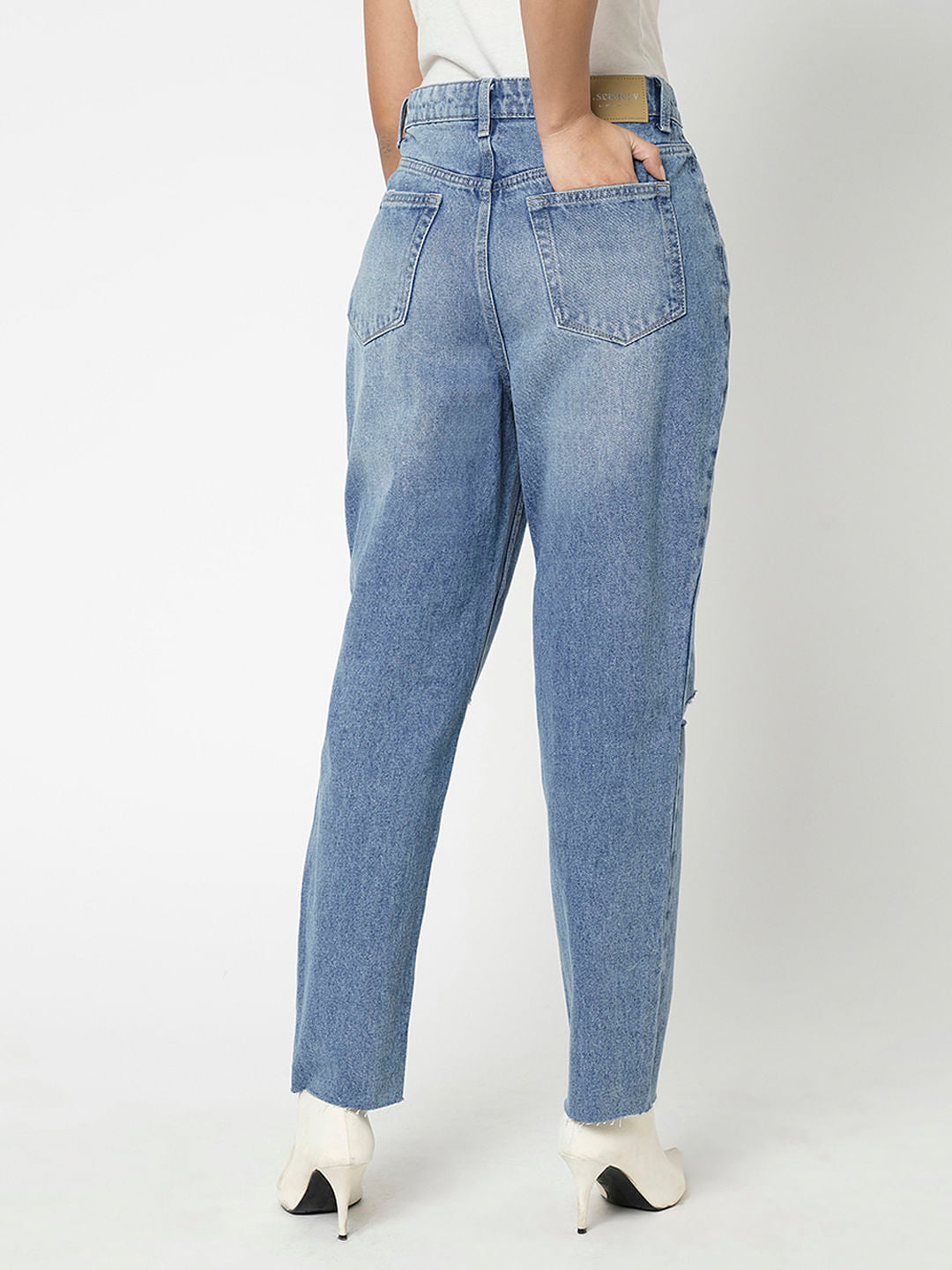 I.Scenery By Vero Moda Blue High Rise Distressed Mom Fit Jeans
