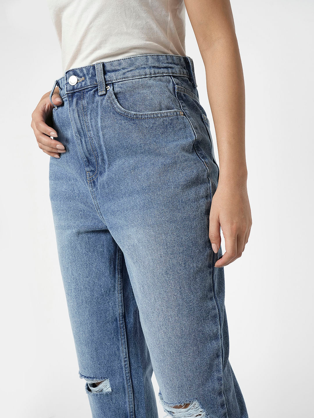 I.Scenery By Vero Moda Blue High Rise Distressed Mom Fit Jeans