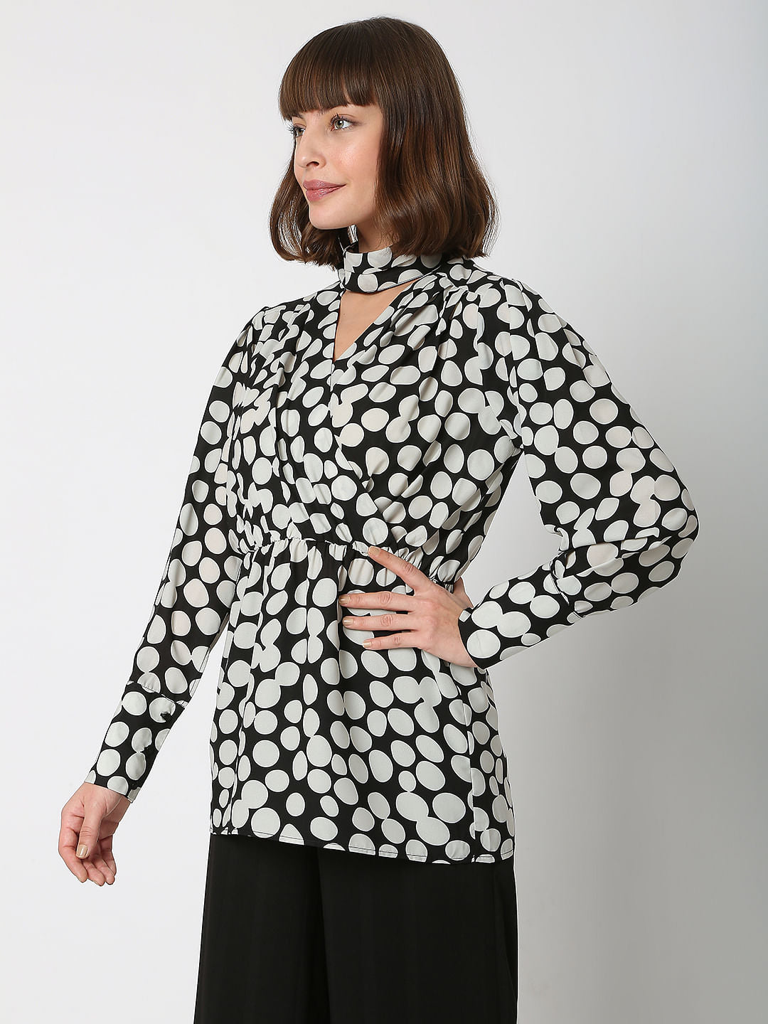 Black Polka Dot Wrap Top