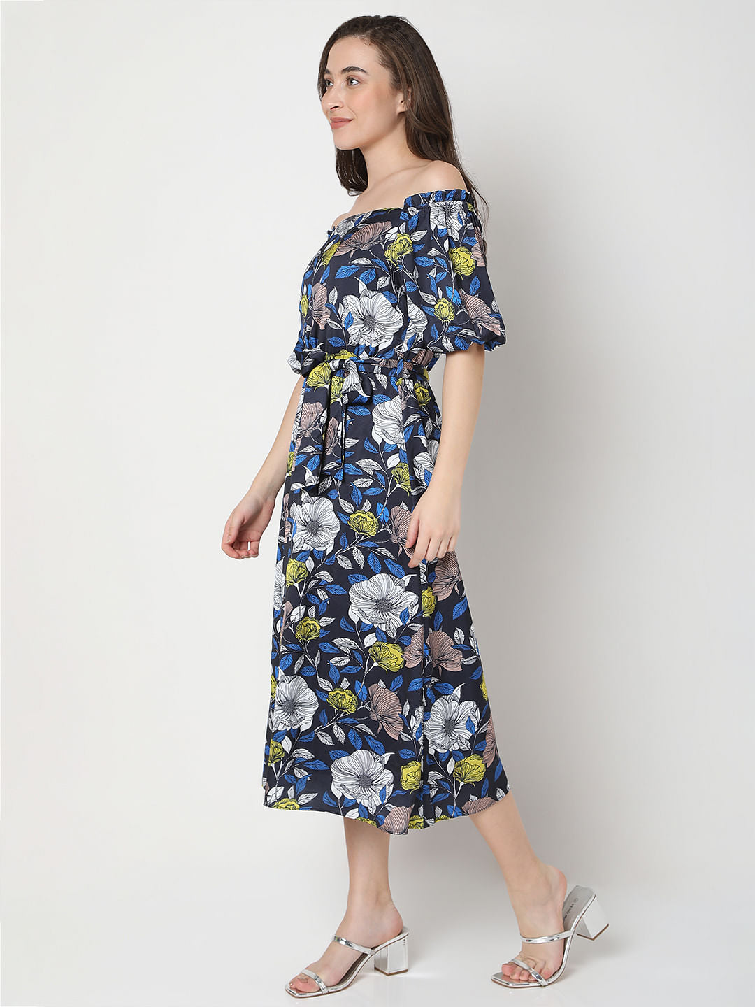 Blue Floral Off-Shoulder Midi Dress