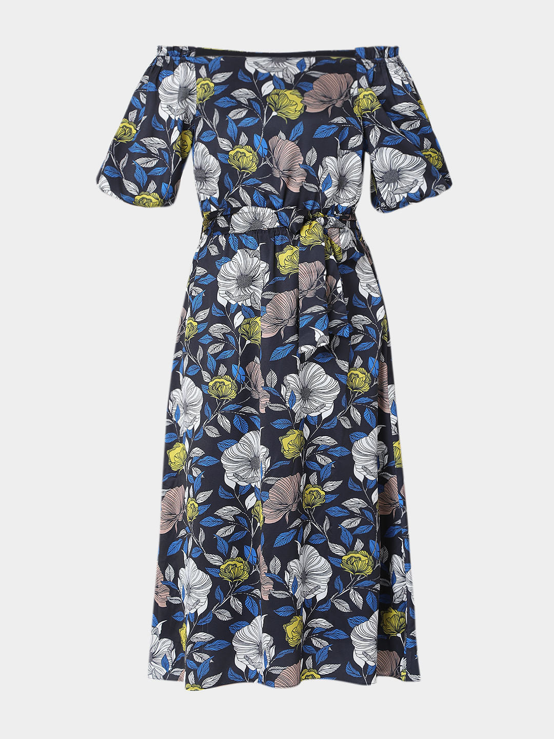 Blue Floral Off-Shoulder Midi Dress