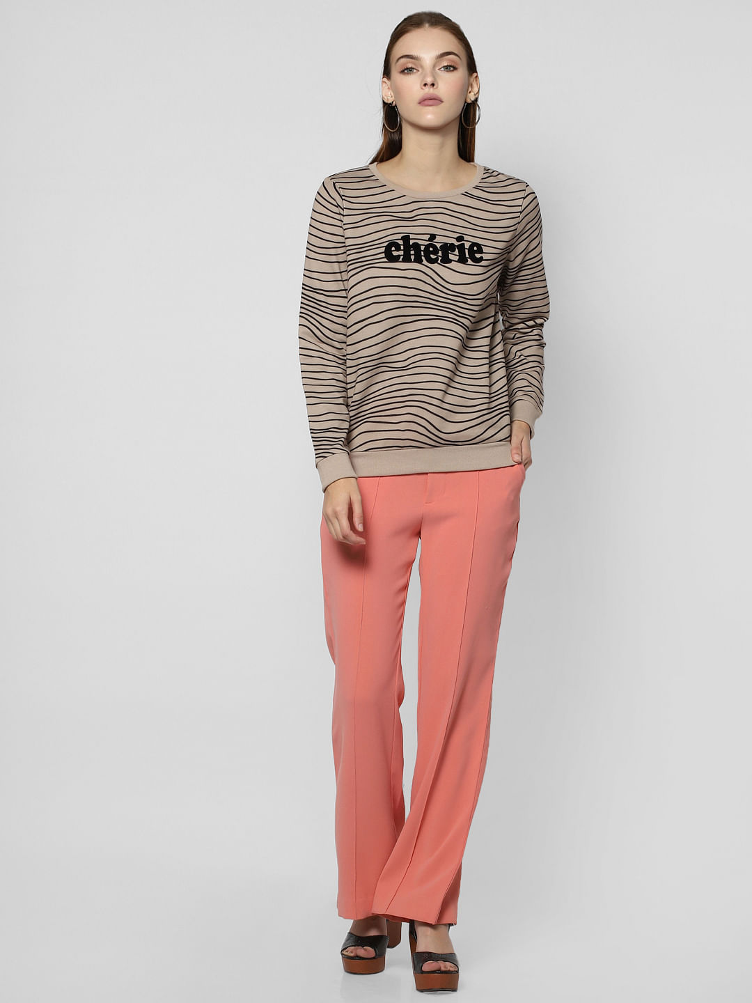 Beige Text Print Sweatshirt