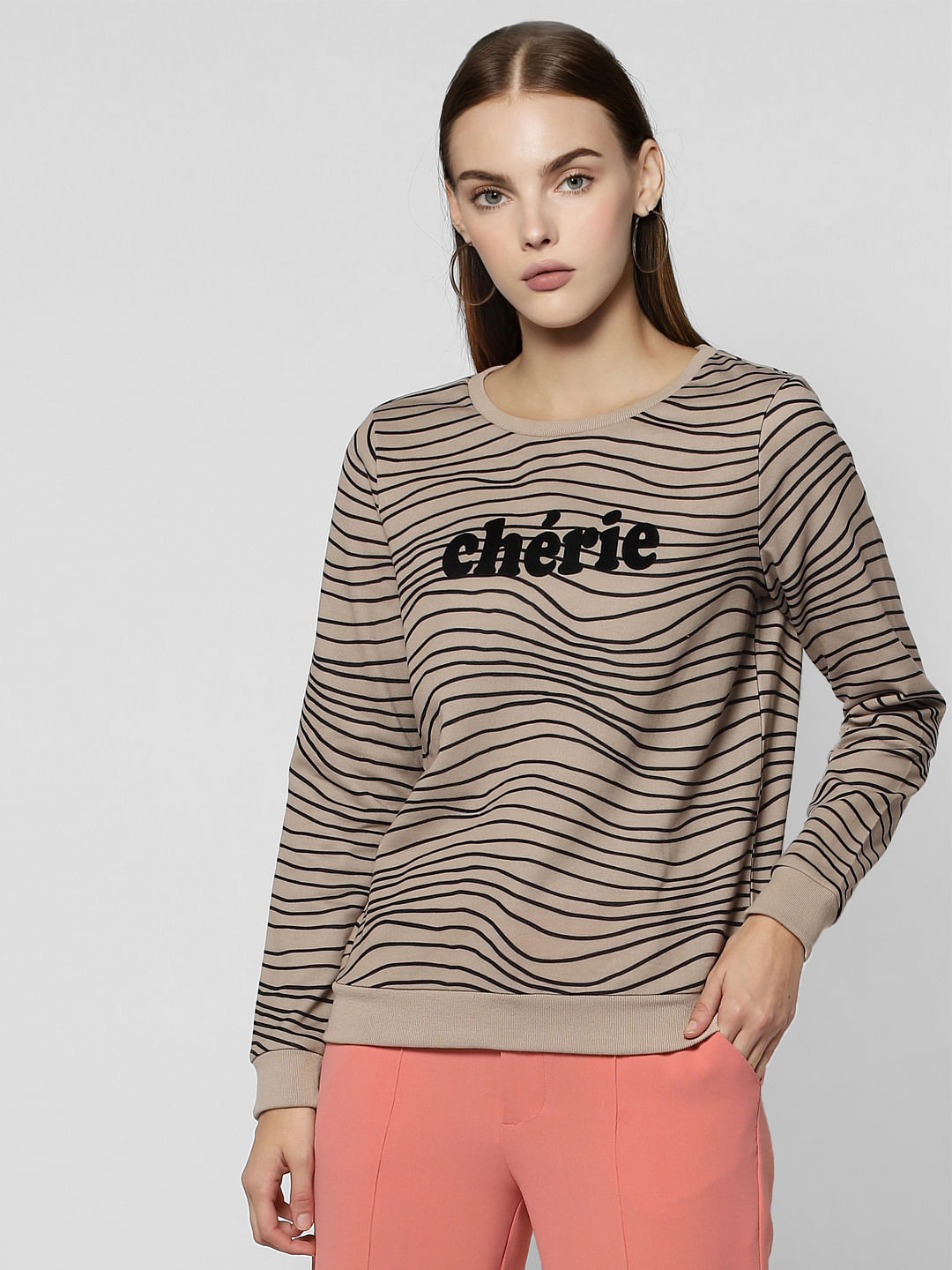 Beige Text Print Sweatshirt