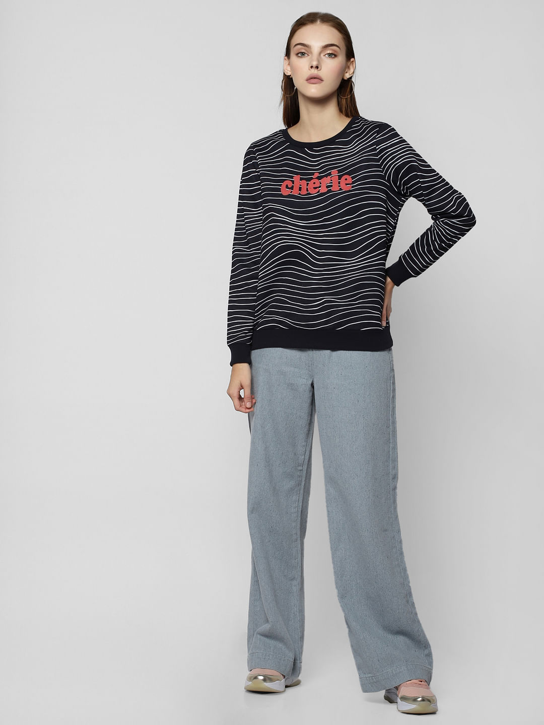 Navy Blue Text Print Sweatshirt