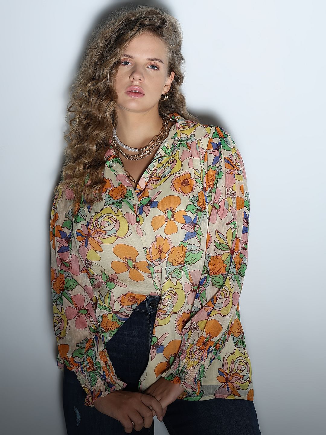 Curve Yellow Floral Print Shirt