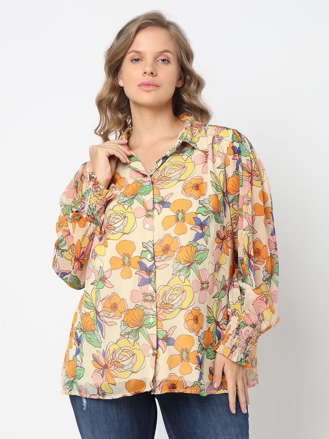 Curve Yellow Floral Print Shirt