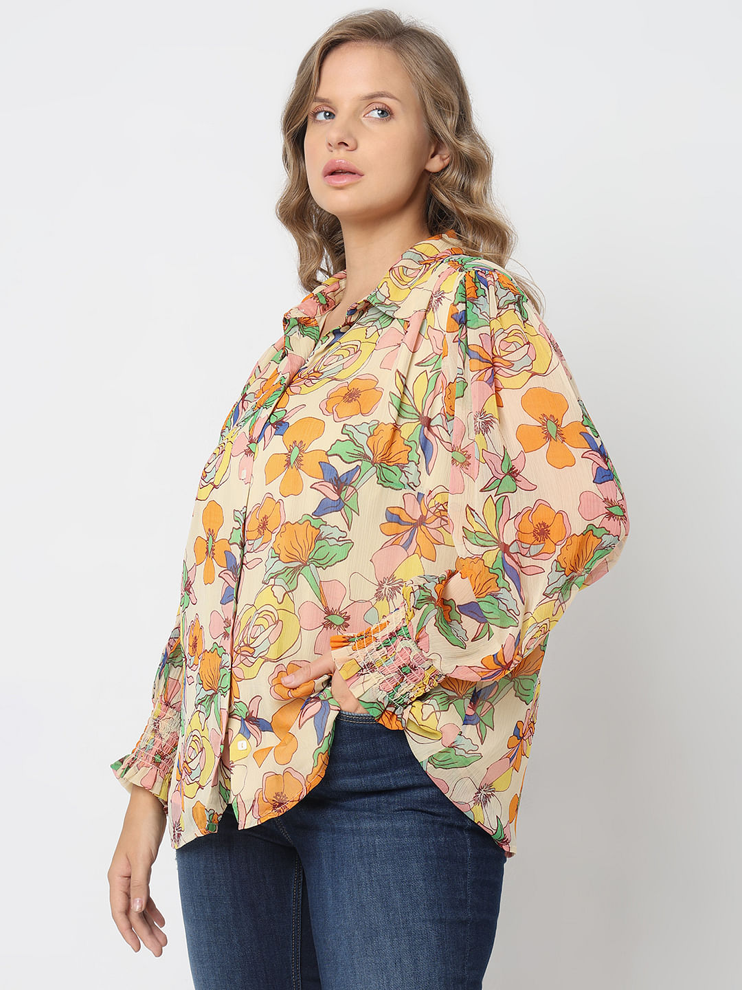 Curve Yellow Floral Print Shirt