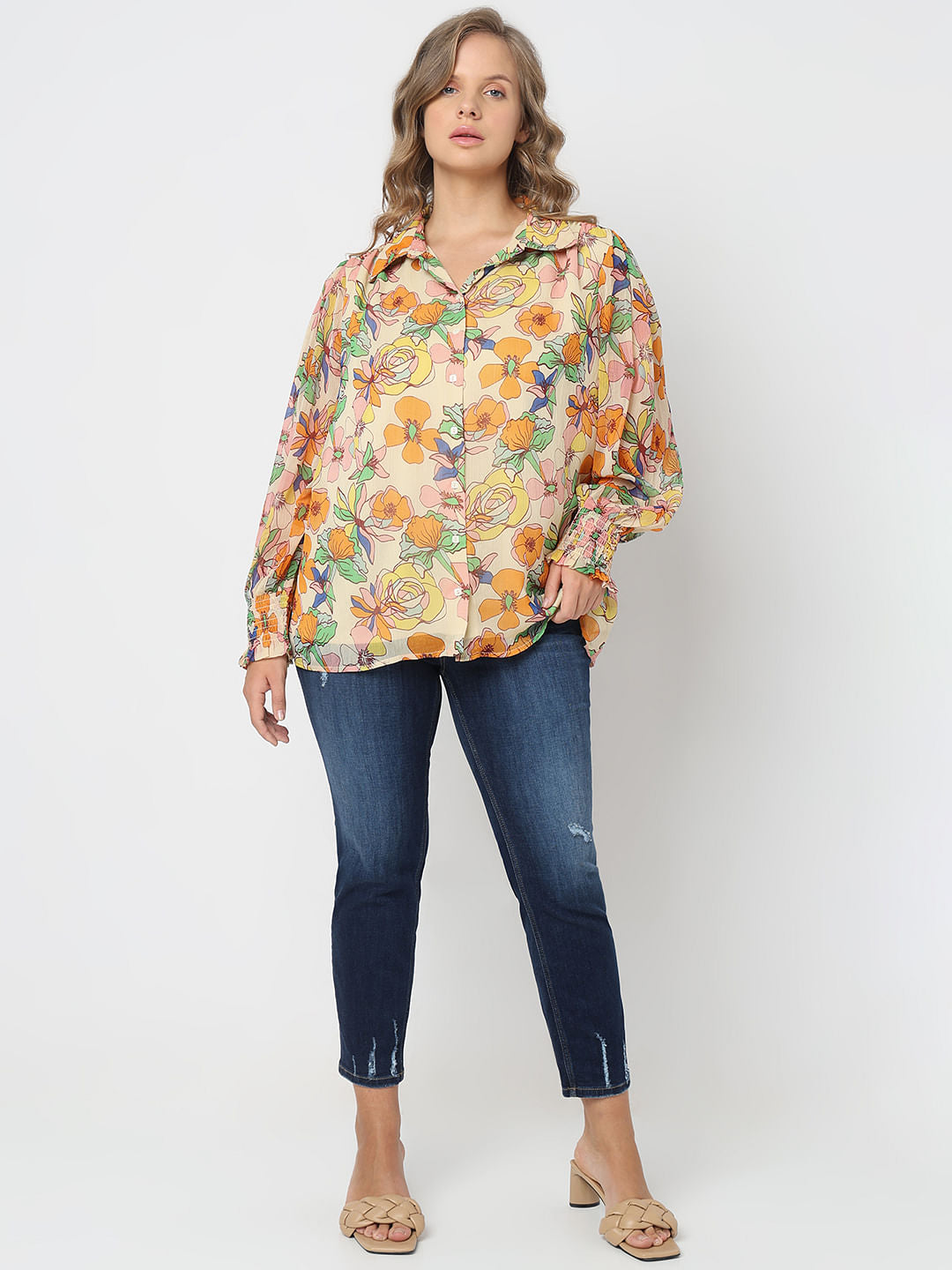 Curve Yellow Floral Print Shirt