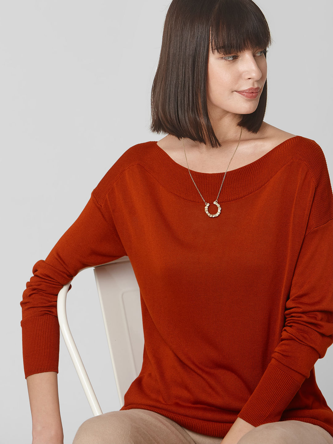 Burnt Red Boat Neck Pullover