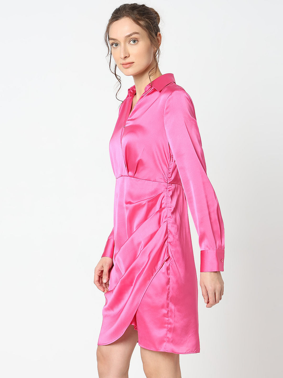 Pink Mock Wrap Shirt Dress
