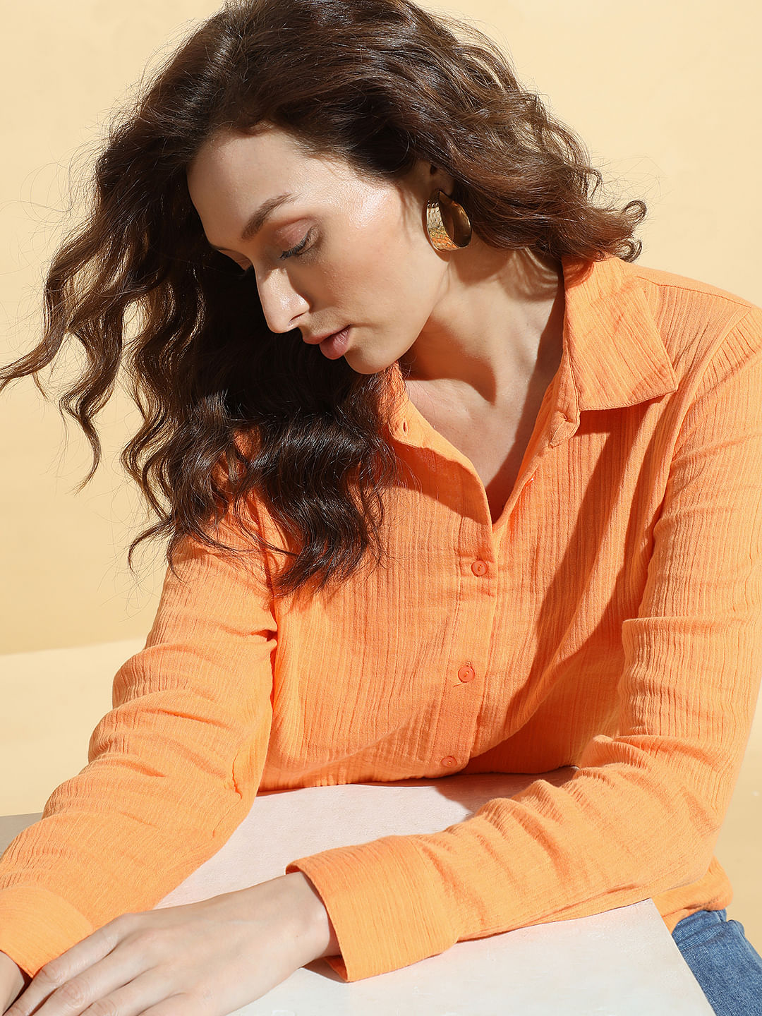 Orange Crinkle Weave Shirt