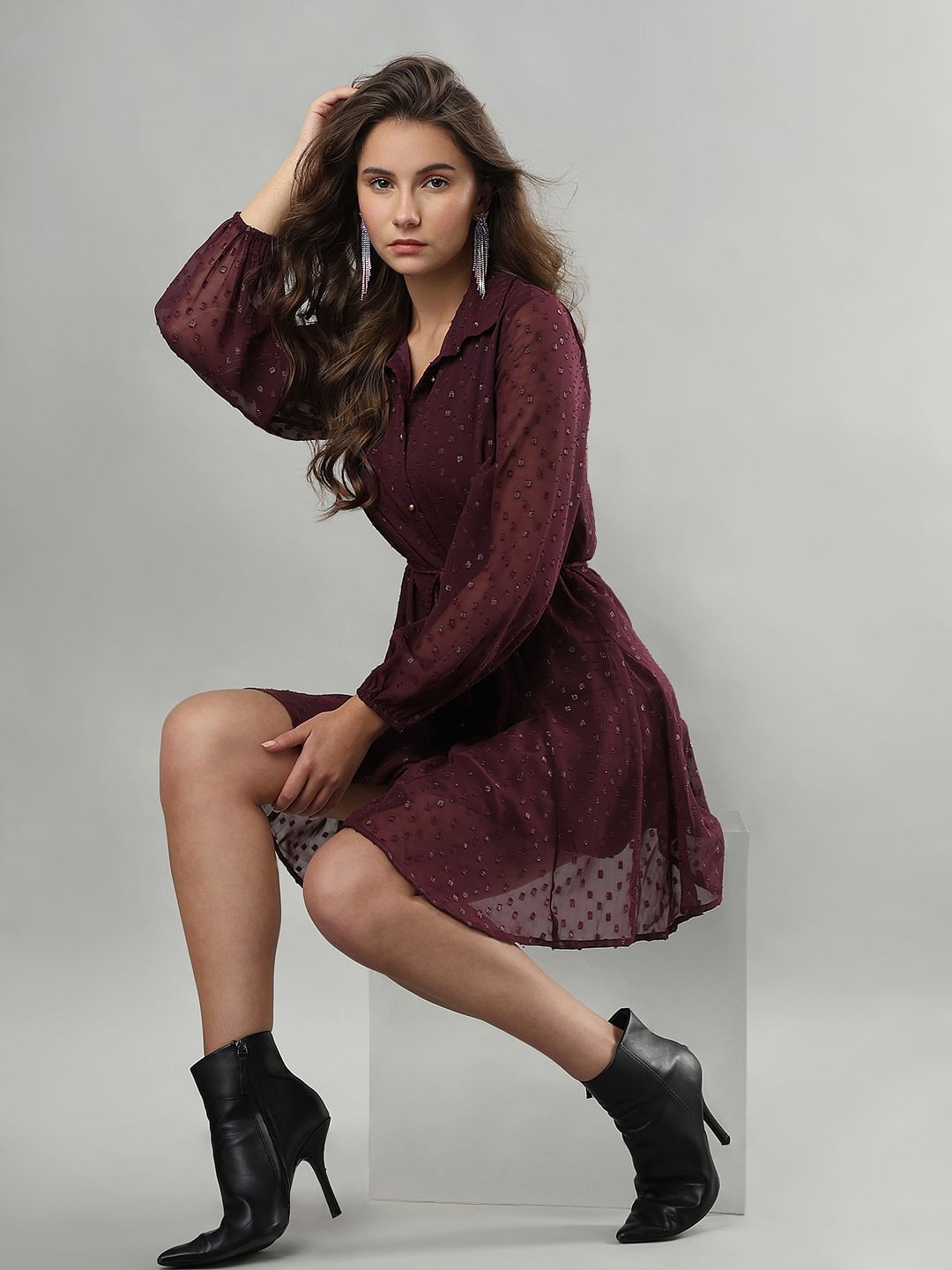 Maroon Shimmer Short Shirt Dress