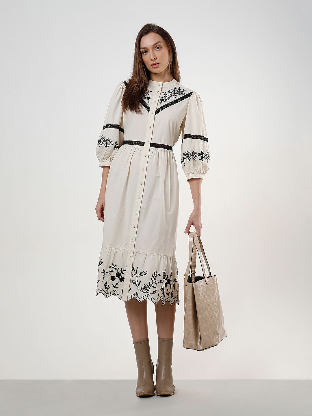 Ecru Embroidered Fit & Flare Dress