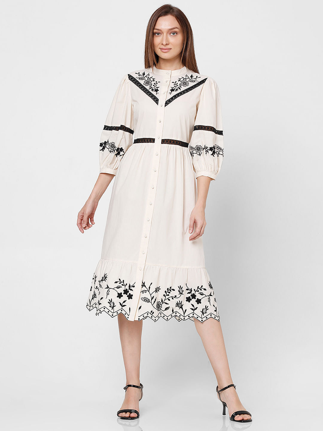 Ecru Embroidered Fit & Flare Dress