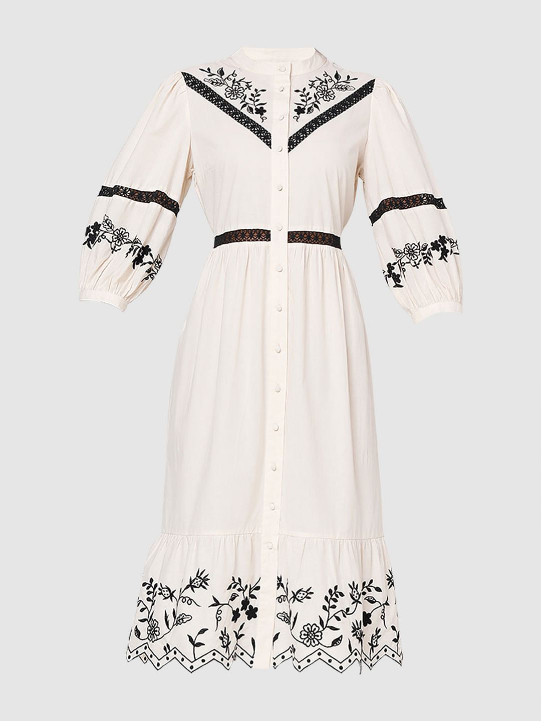 Ecru Embroidered Fit & Flare Dress