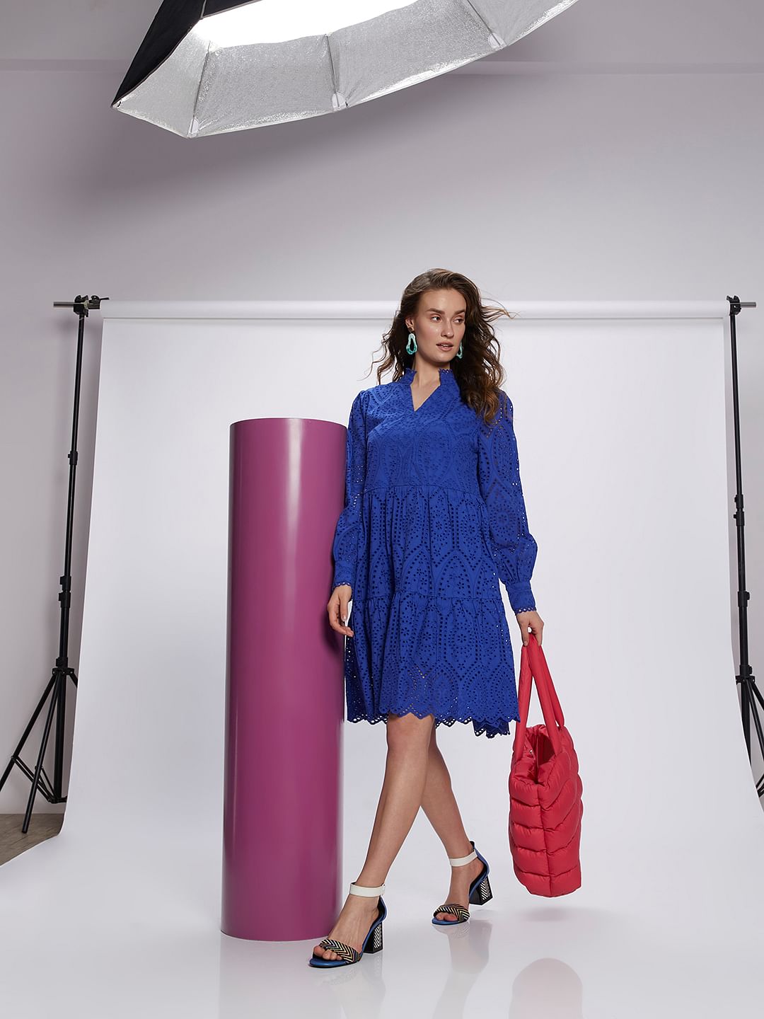 Blue Schiffli Cut-Out Shift Dress