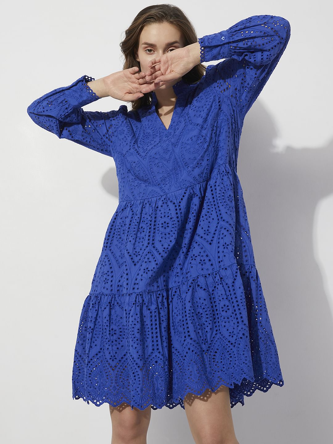 Blue Schiffli Cut-Out Shift Dress