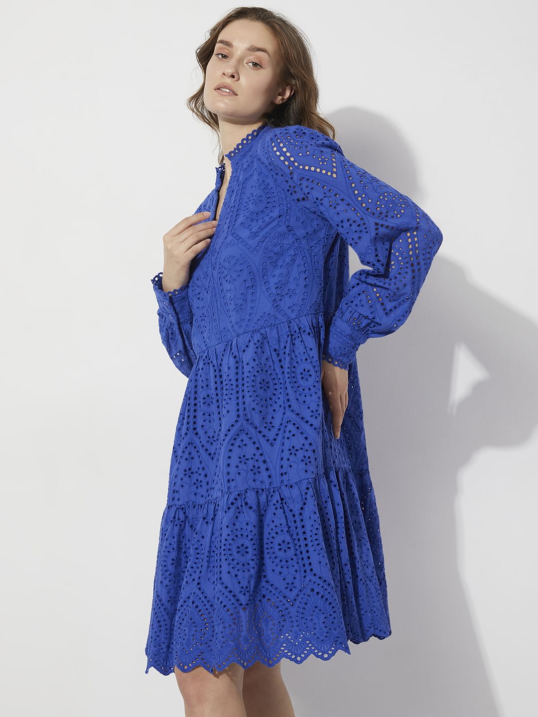 Blue Schiffli Cut-Out Shift Dress