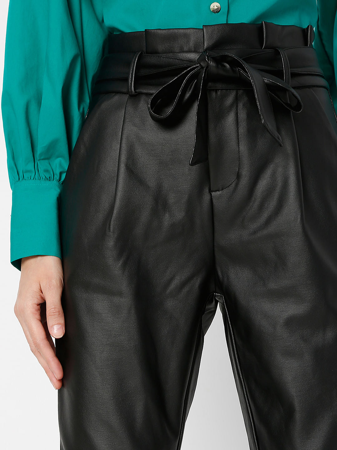 Black Mid Rise Paperbag Pants