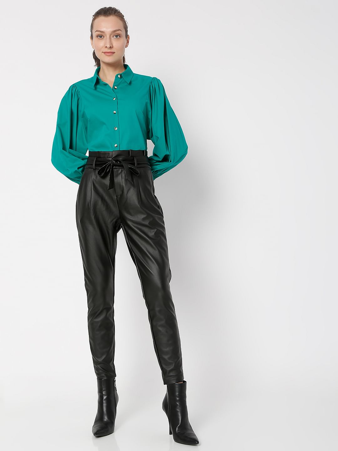 Black Mid Rise Paperbag Pants