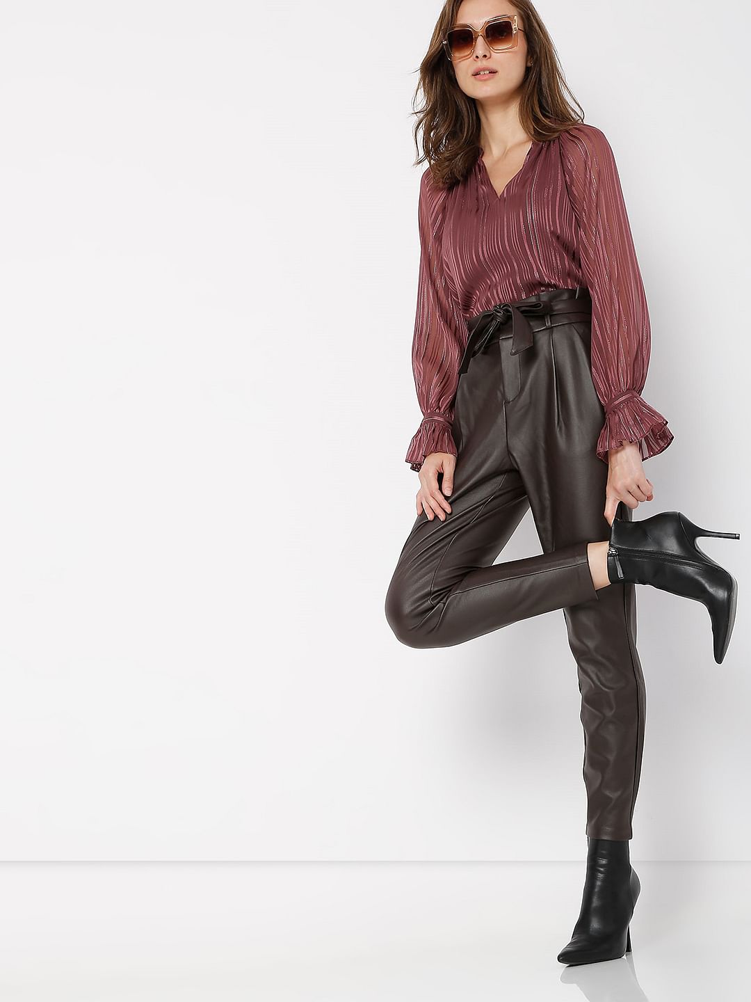 Brown High Rise Paperbag Pu Pants